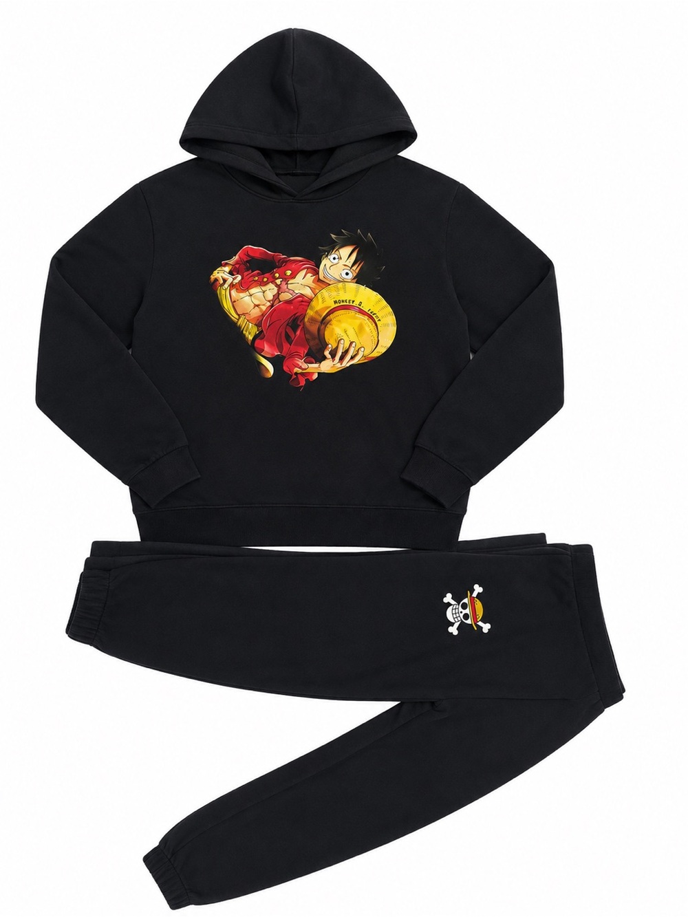 Black Anime Graphic Hoodie & Joggers Set - Straw Hat Character